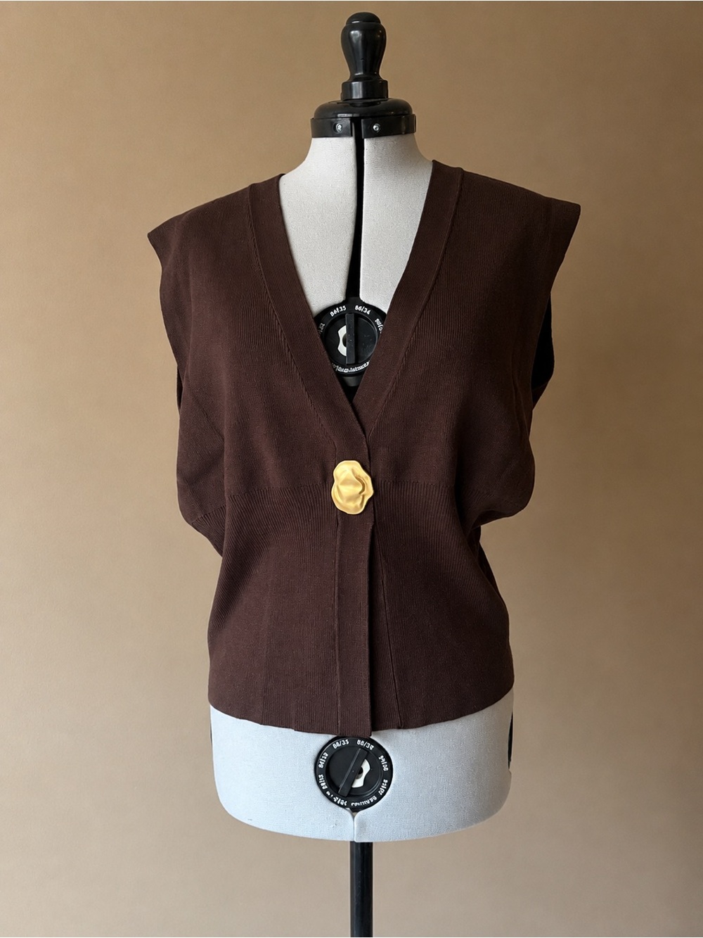 Commense Brown V-Neck Sleeveless Sweater Vest with Gold Button